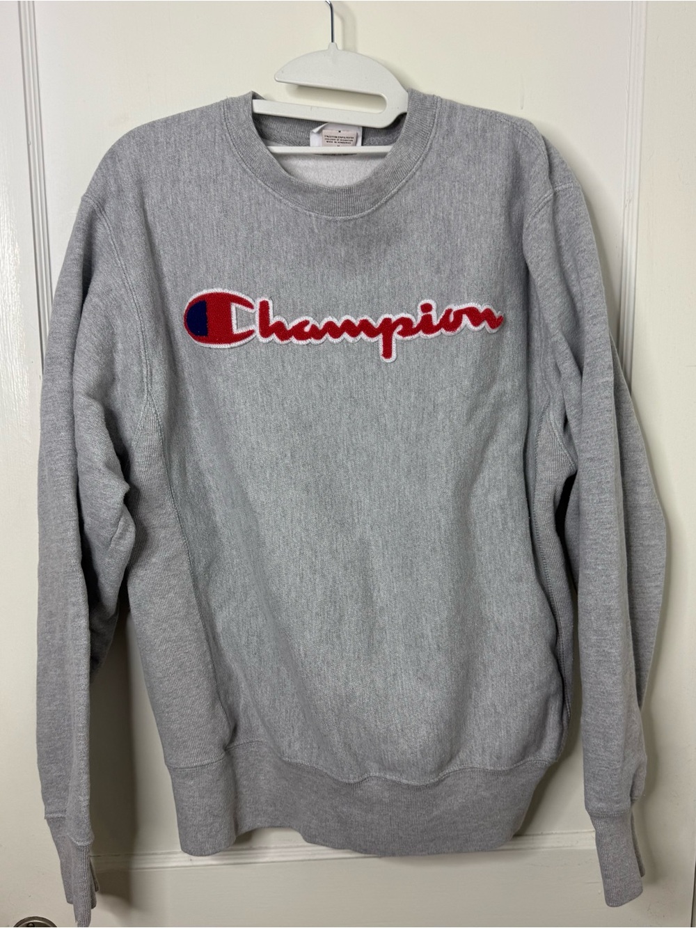 Champion Light Gray Crewneck Sweatshirt with Red & Blue Logo